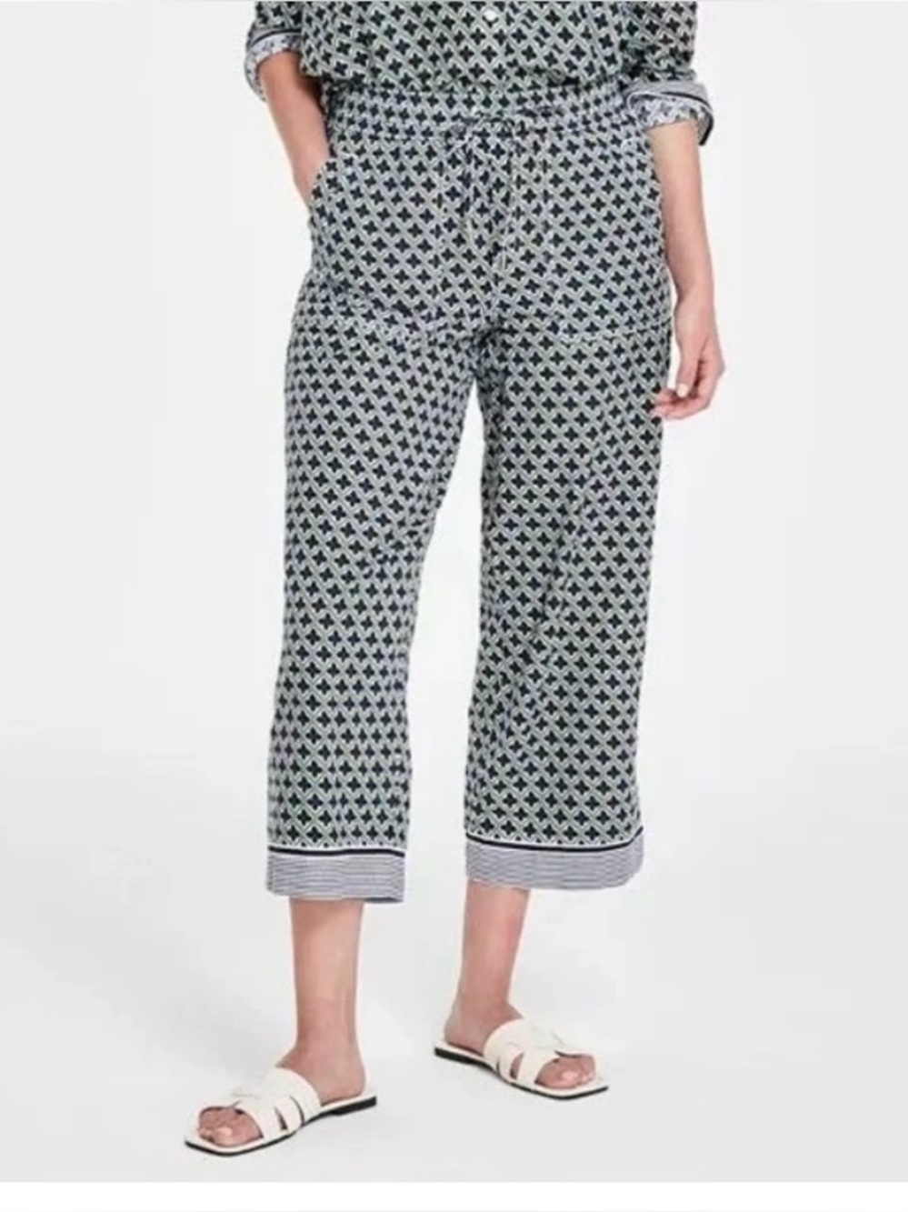 Nautica Navy & Lime Geometric Wide-Leg Pull-On Pants
